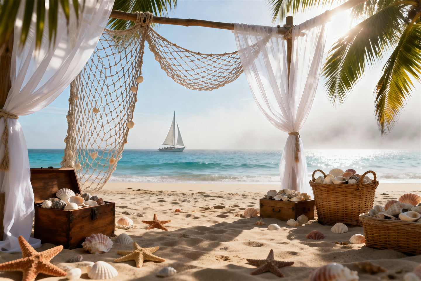 Sandy Beach Backdrop Bohemia Sailboat Vibes Starfish Summer Photo Backdrops RR61-32