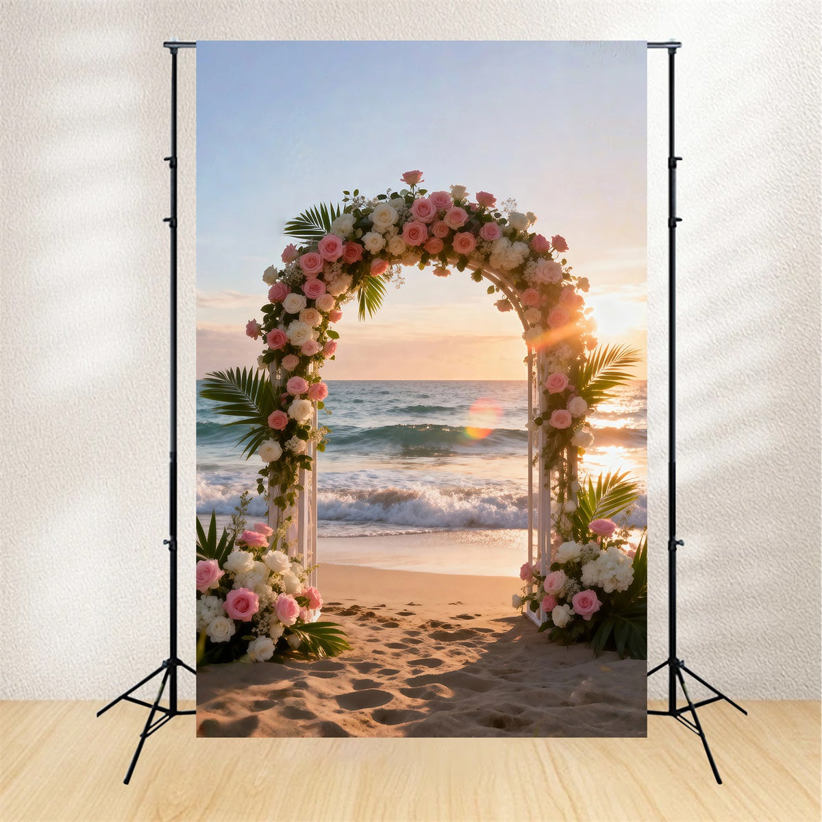 Beach Scene Backdrop Floral Wedding Arch Sunset Summer Photo Booth Backdrop RR61-33