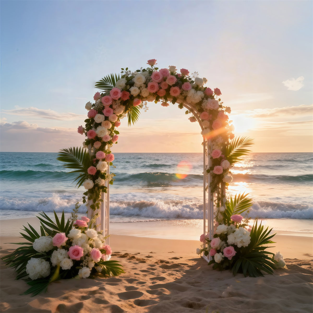 Beach Scene Backdrop Floral Wedding Arch Sunset Summer Photo Booth Backdrop RR61-33