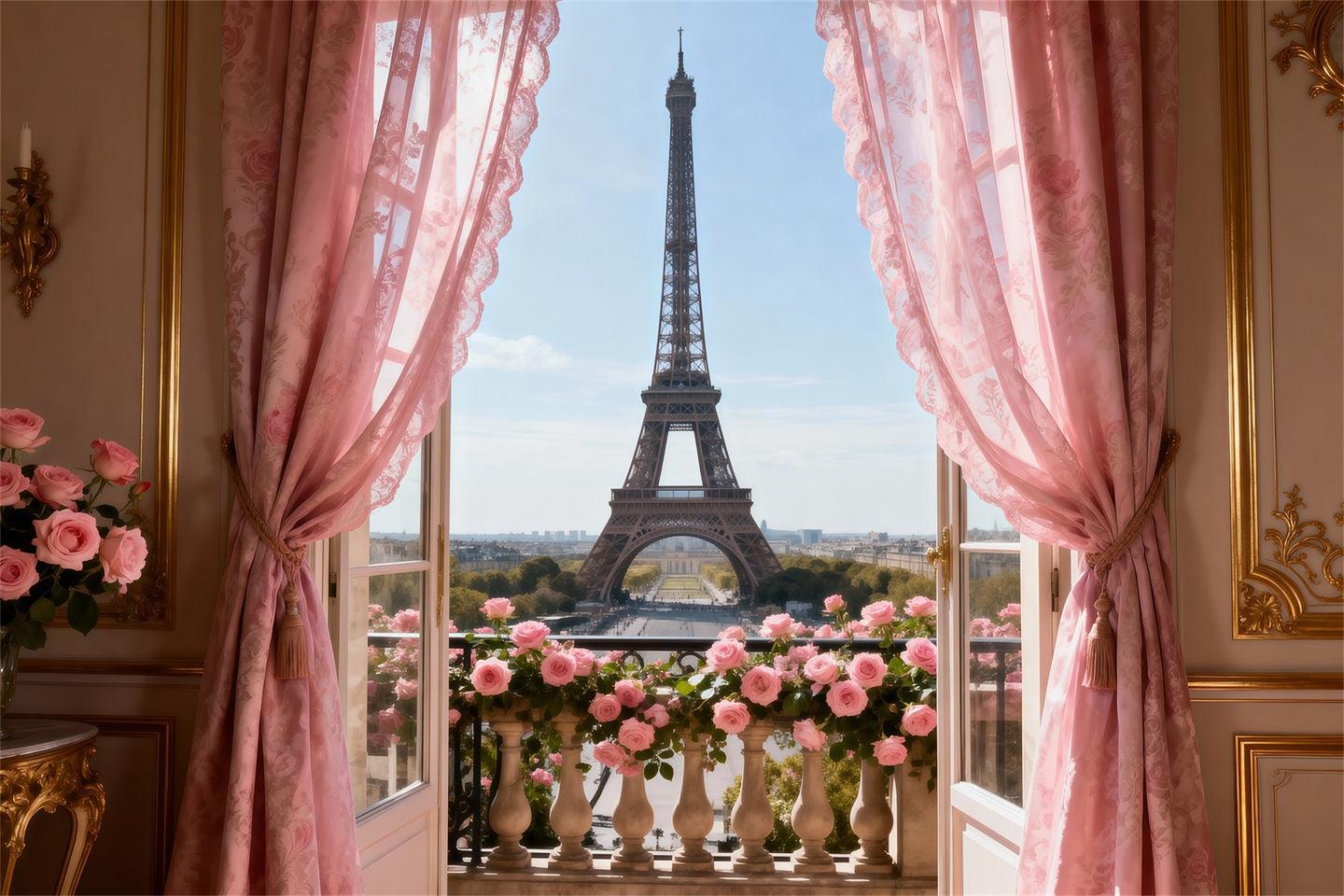 Paris Backdrop Pink Curtain Balcony Romance Eiffel Tower Backdrop RR61-34