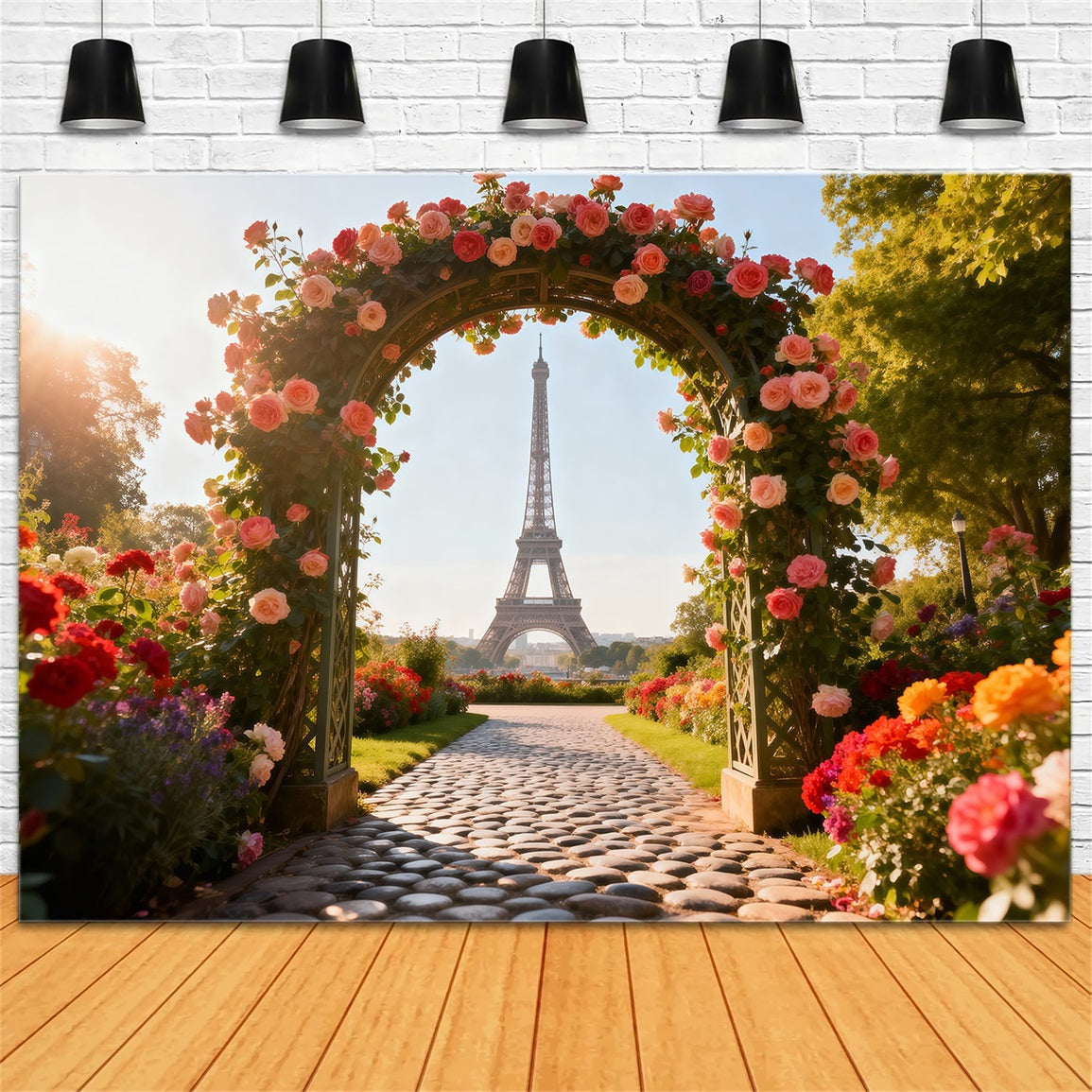 Paris Photo Backdrop Rose Garden Floral Archway Eiffel Tower Photo Backdrop RR61-35