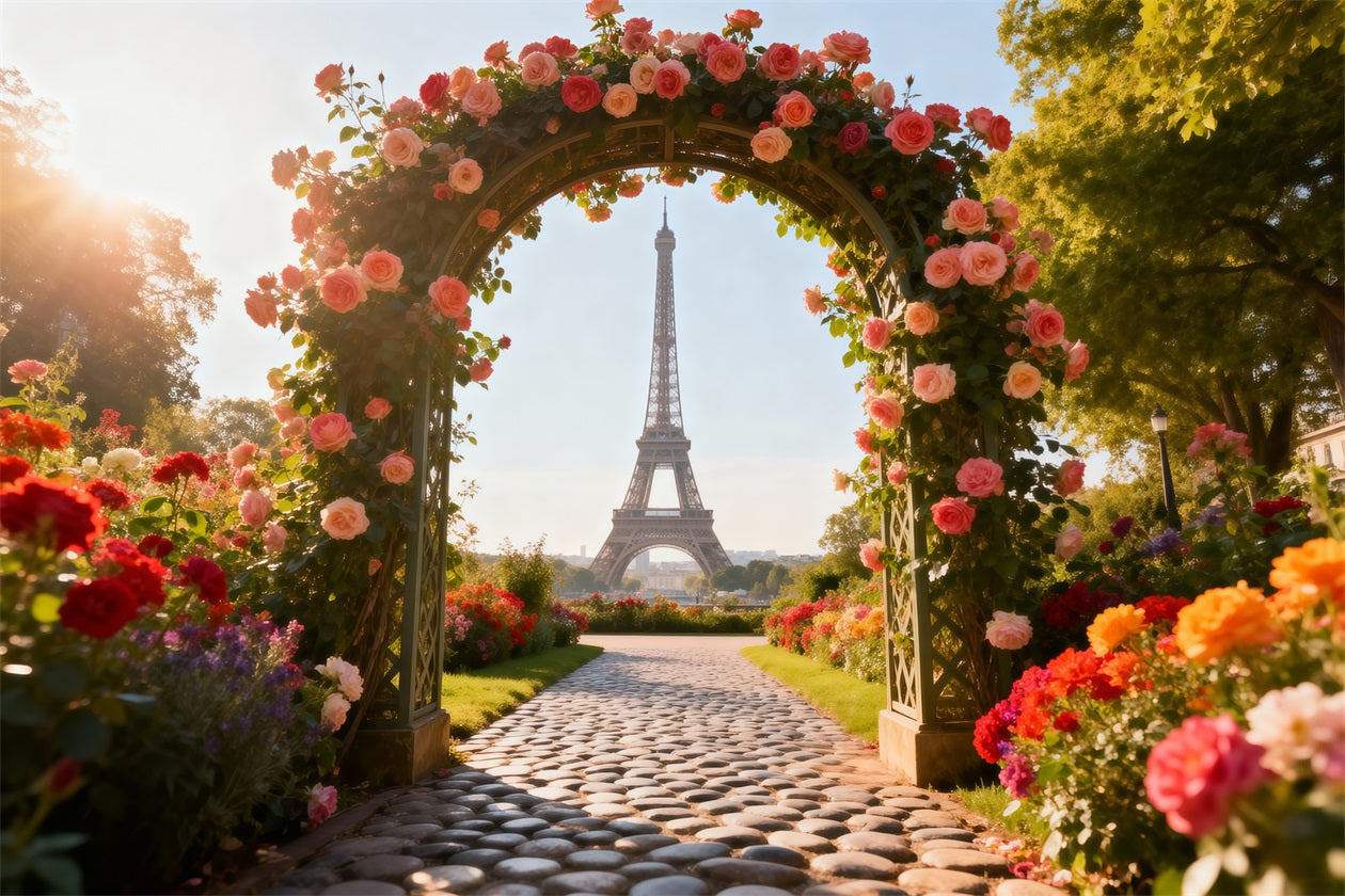 Paris Photo Backdrop Rose Garden Floral Archway Eiffel Tower Photo Backdrop RR61-35