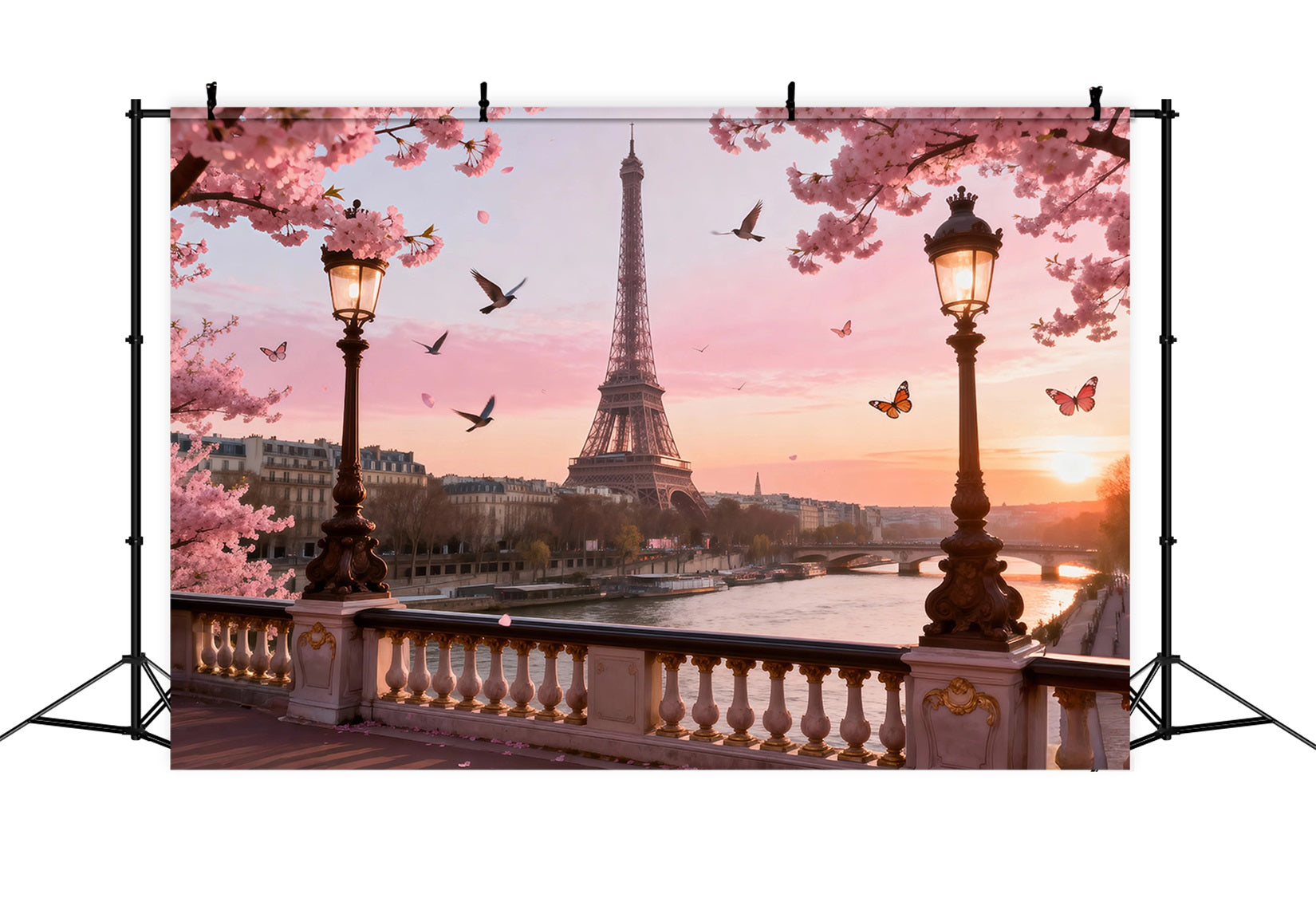 Paris Theme Backdrop Cherry Blossom River Twilight Eiffel Tower Backdrops RR61-36