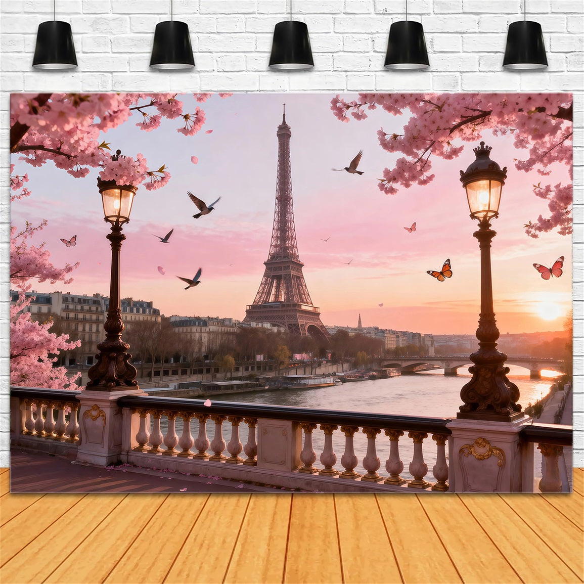 Paris Theme Backdrop Cherry Blossom River Twilight Eiffel Tower Backdrops RR61-36