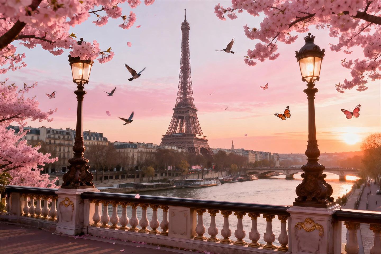 Paris Theme Backdrop Cherry Blossom River Twilight Eiffel Tower Backdrops RR61-36