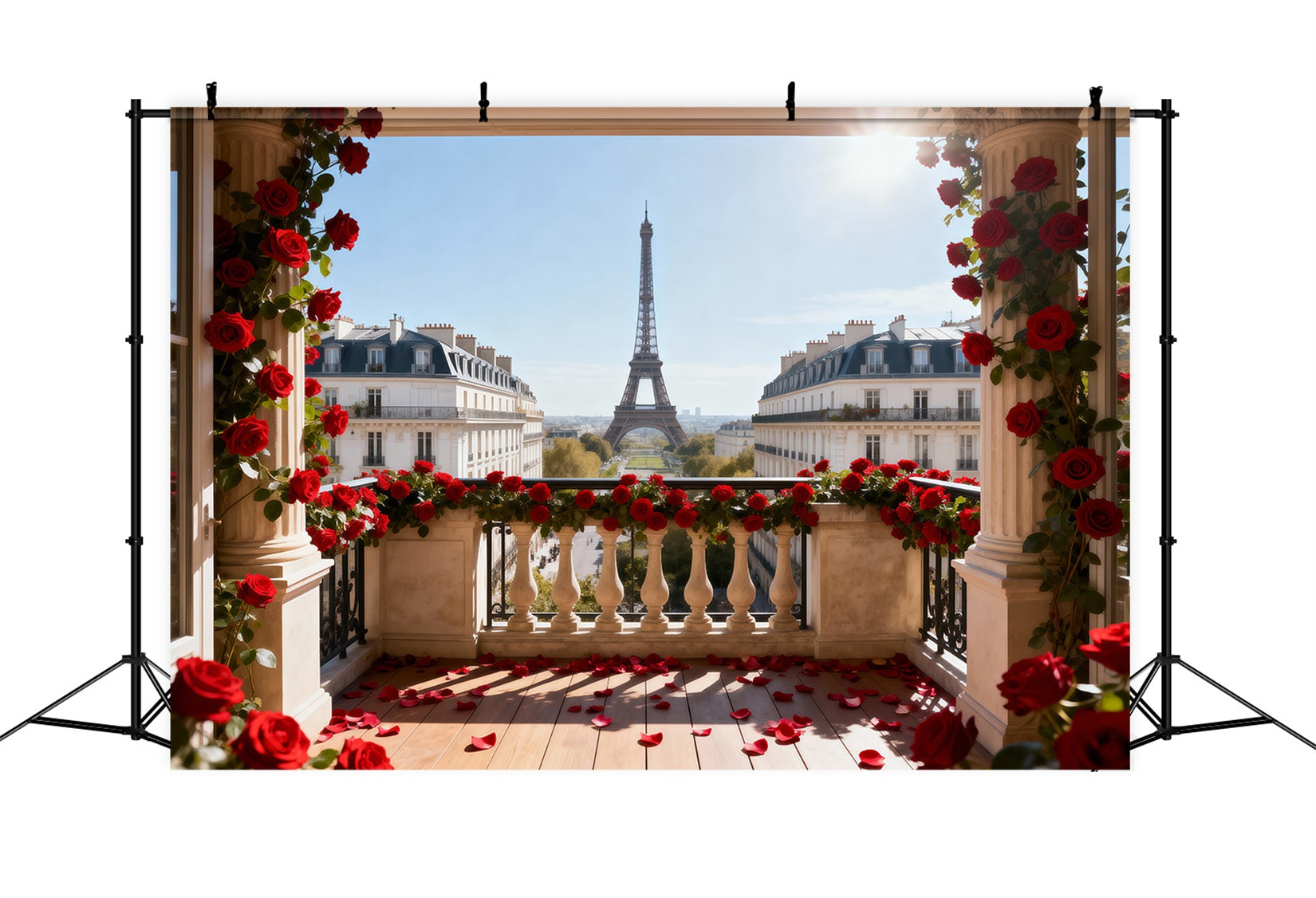 Paris Backdrop For Pictures Red Rose Balcony Romance Eiffel Tower Photography Backdrop RR61-38