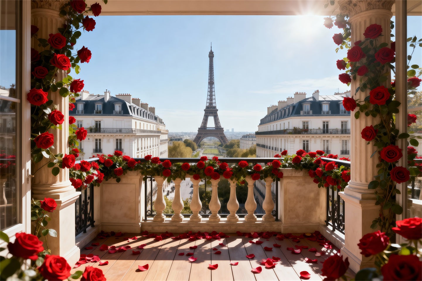 Paris Backdrop For Pictures Red Rose Balcony Romance Eiffel Tower Photography Backdrop RR61-38
