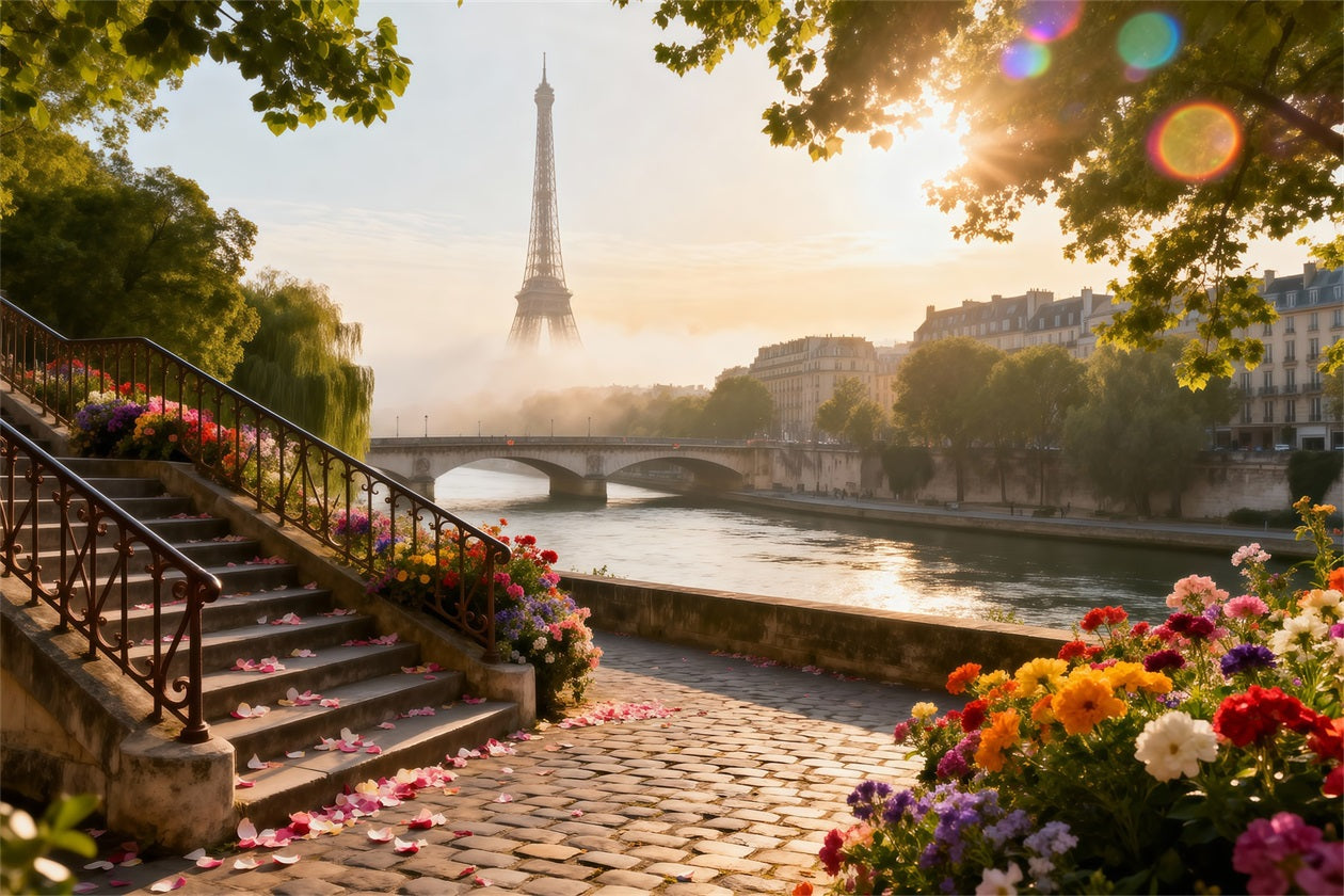 Paris Backdrop Ideas Riverside Garden Sunrise Eiffel Tower Photo Backdrop RR61-41