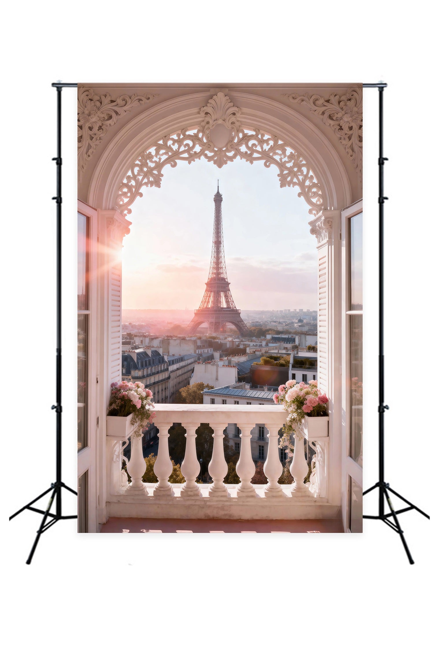 Paris Themed Backdrops Ornate Arch Balcony Sunrise Eiffel Tower Backdrops RR61-42