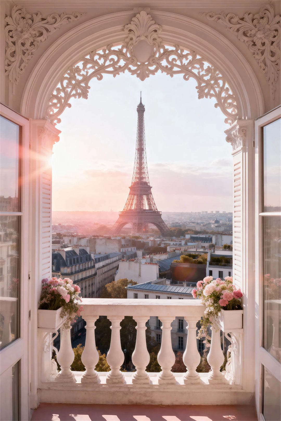 Paris Themed Backdrops Ornate Arch Balcony Sunrise Eiffel Tower Backdrops RR61-42