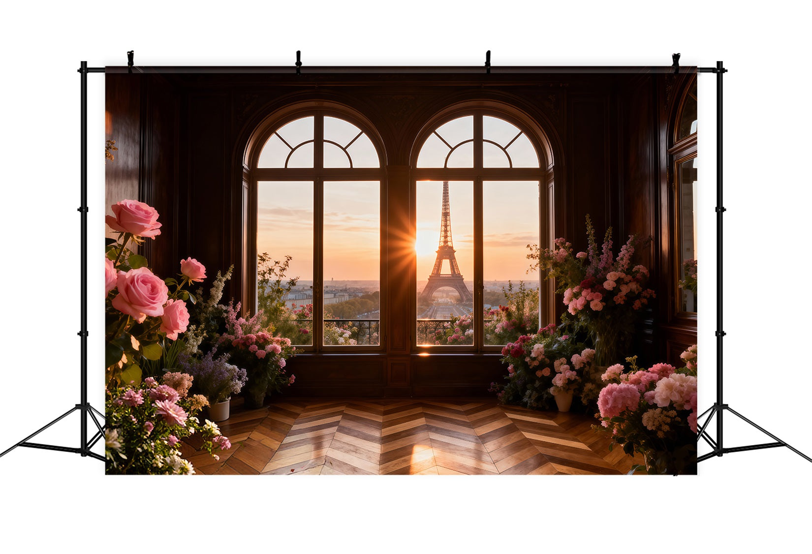 Paris Photo Backdrop Golden Window Floral Sunset Eiffel Tower Photo Backdrop RR61-43