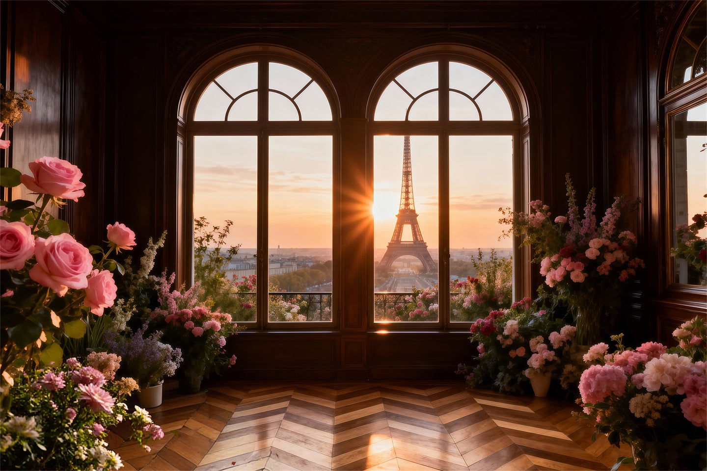 Paris Photo Backdrop Golden Window Floral Sunset Eiffel Tower Photo Backdrop RR61-43