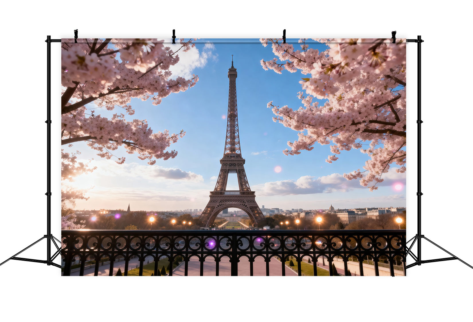 Midnight In Paris Backdrop Cherry Blossom Balcony Twilight Eiffel Tower Backdrop RR61-46
