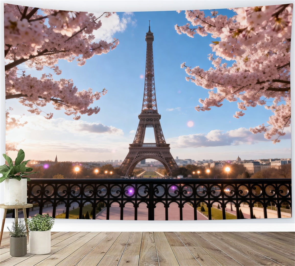 Midnight In Paris Backdrop Cherry Blossom Balcony Twilight Eiffel Tower Backdrop RR61-46