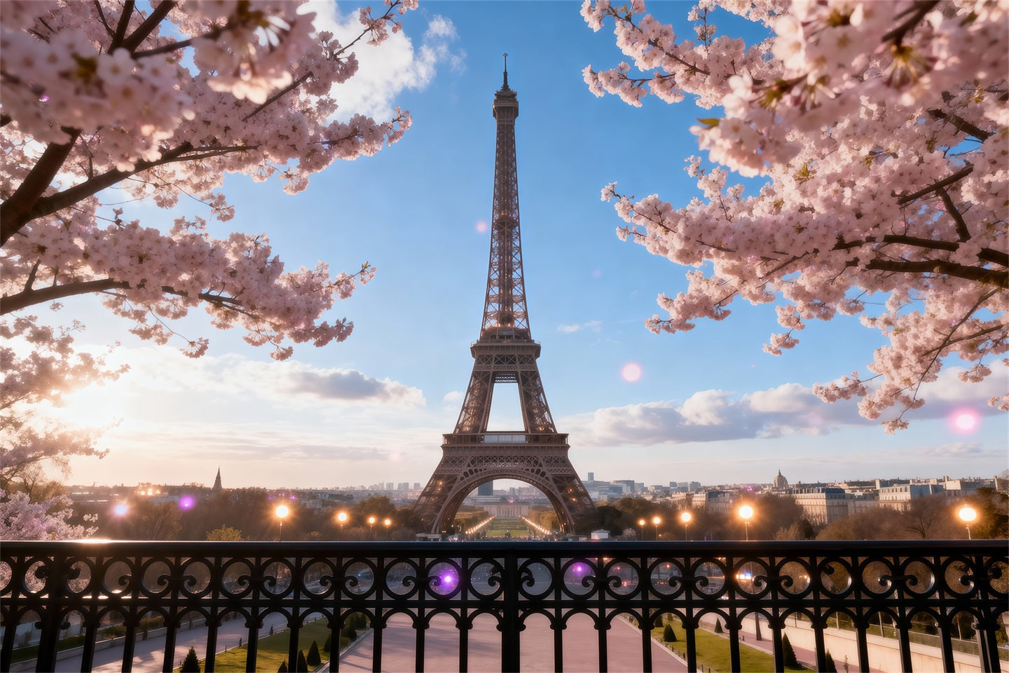 Midnight In Paris Backdrop Cherry Blossom Balcony Twilight Eiffel Tower Backdrop RR61-46