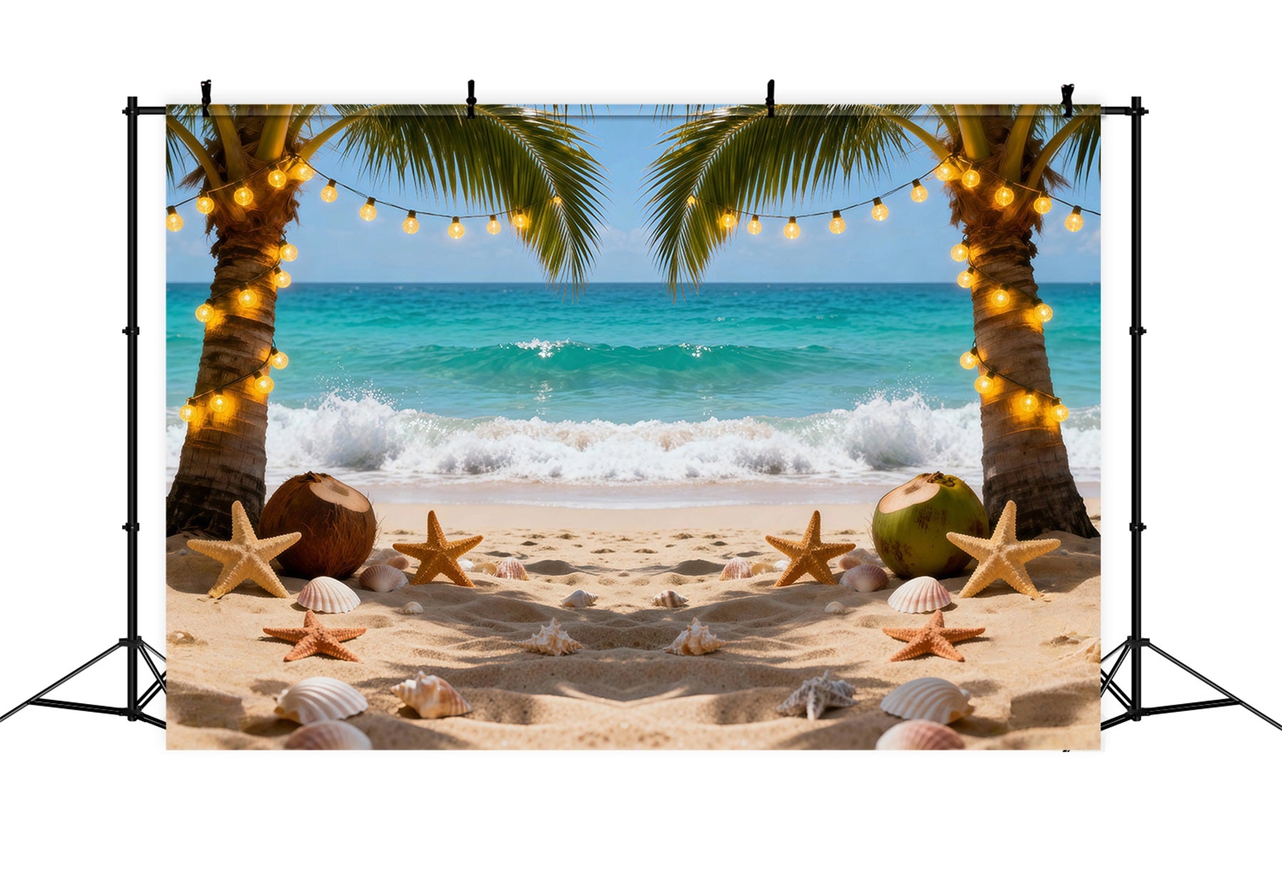 Beach Theme Backdrop Night Palm String Lights Summer Photo Backdrops RR61-5
