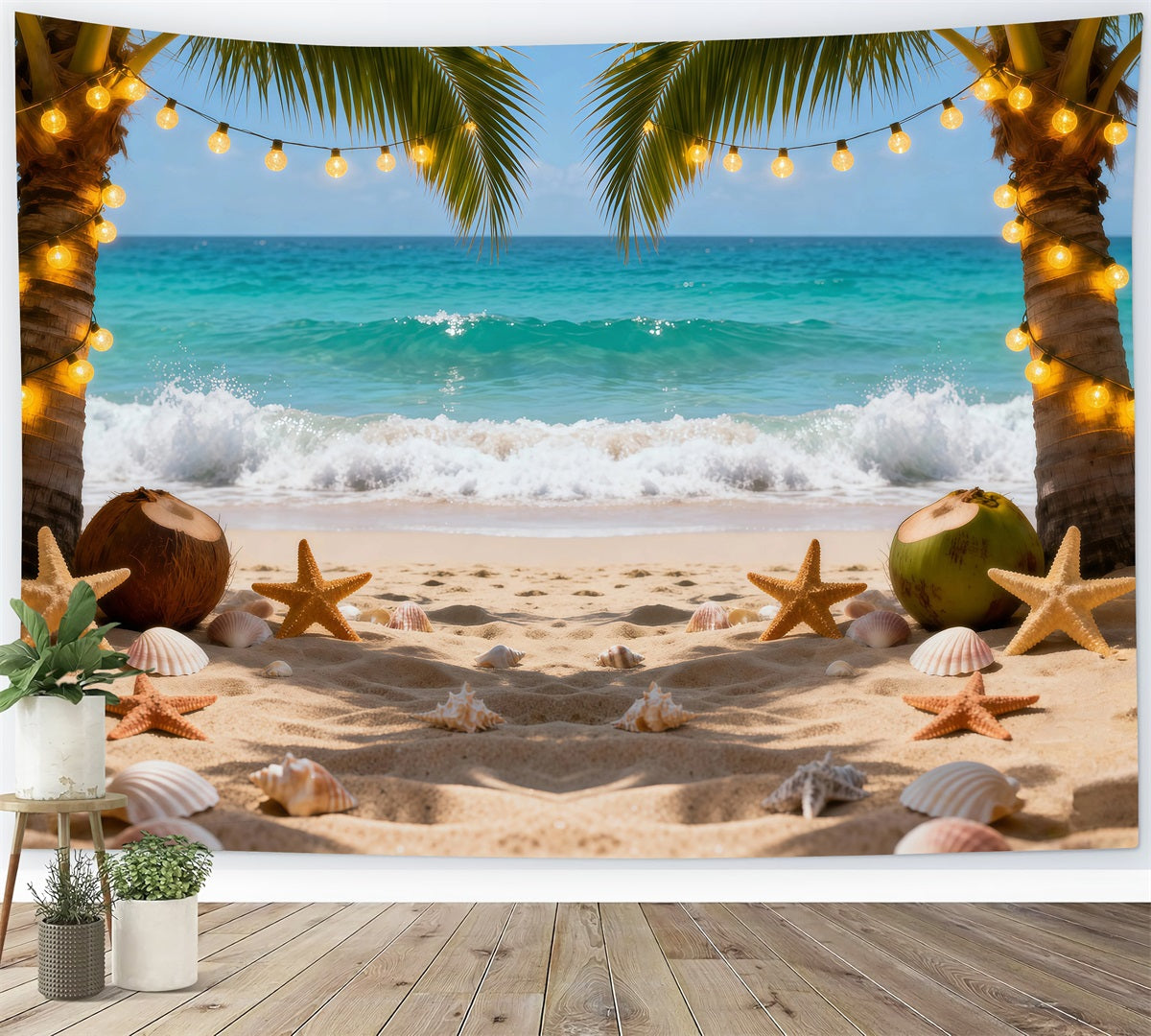 Beach Theme Backdrop Night Palm String Lights Summer Photo Backdrops RR61-5