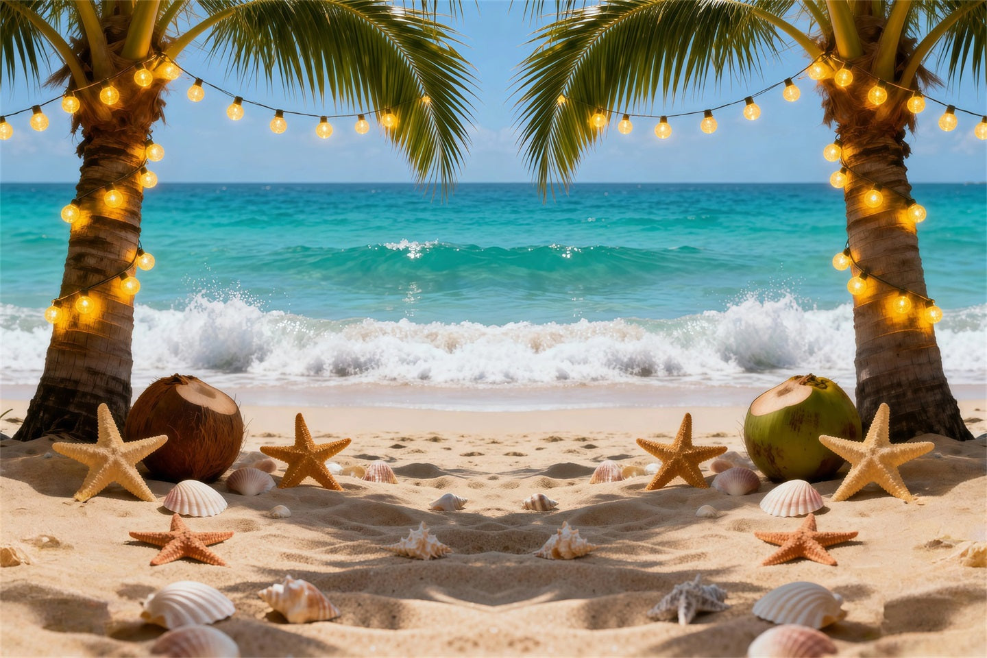 Beach Theme Backdrop Night Palm String Lights Summer Photo Backdrops RR61-5