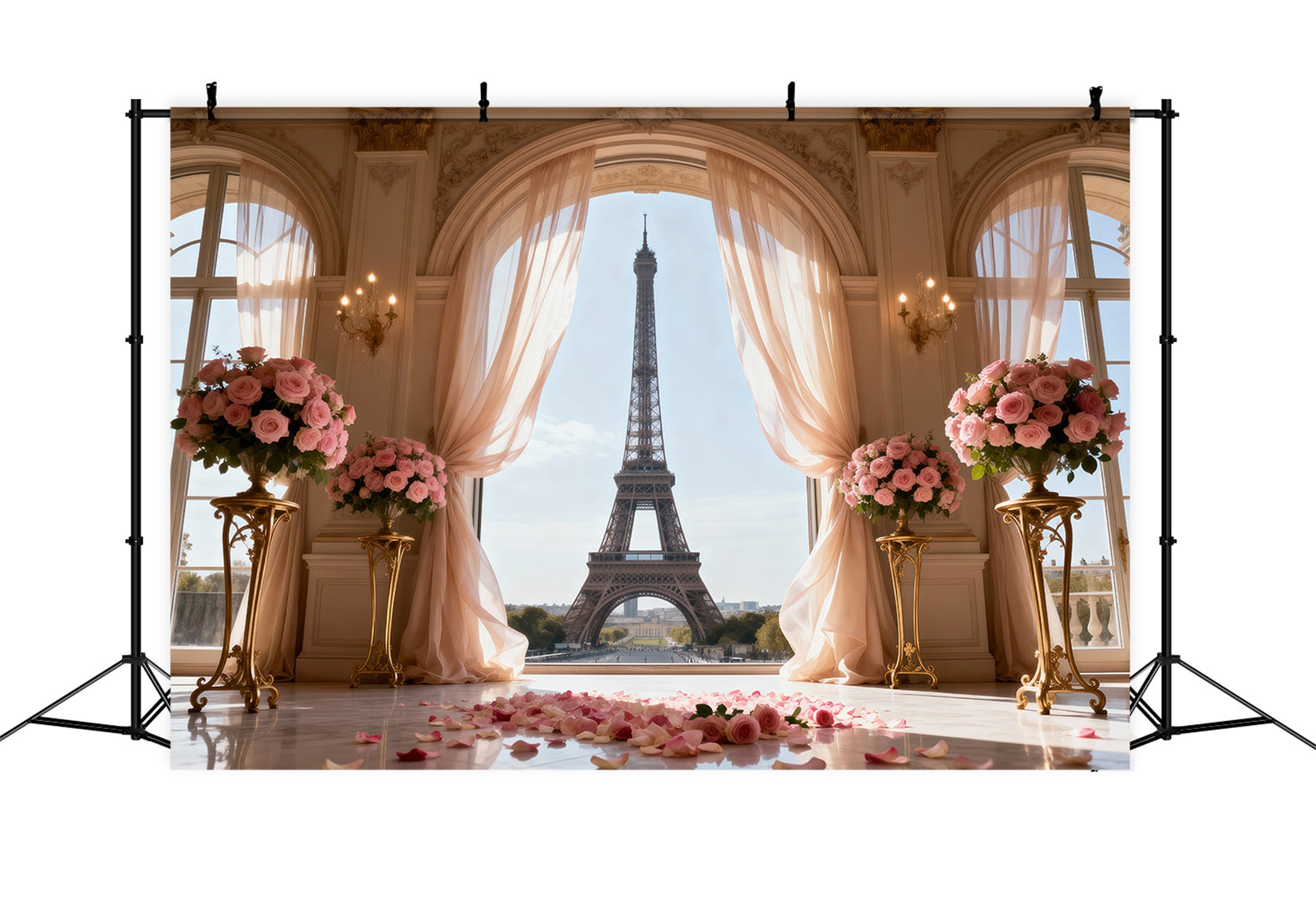 Paris Themed Photo Backdrop Palace Window Rose Ceremony Eiffel Tower Photography Backdrop RR61-50