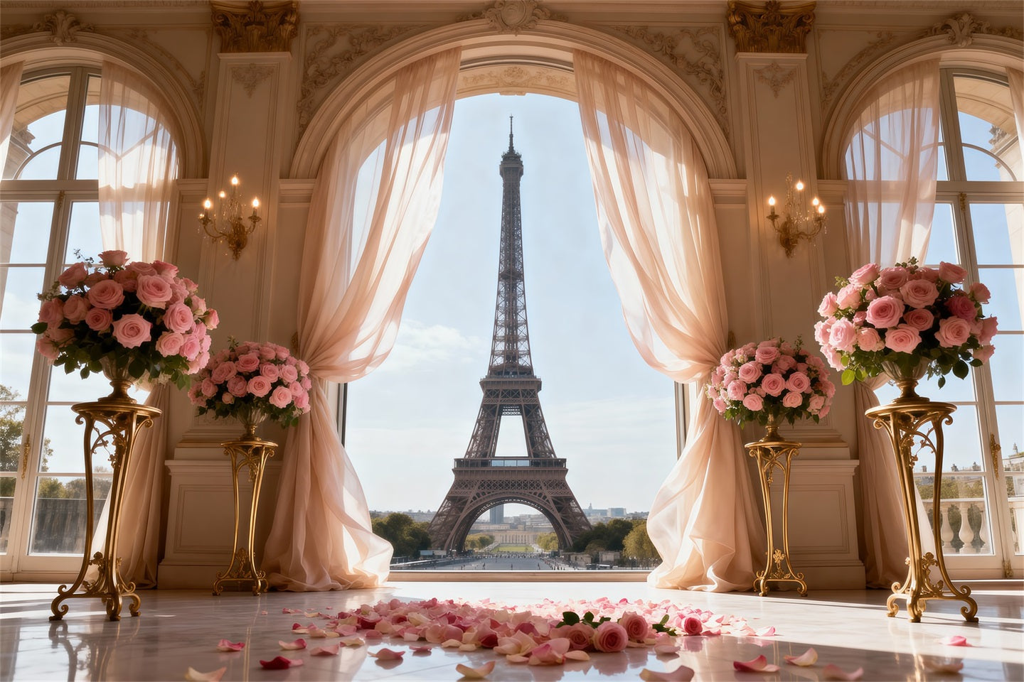 Paris Themed Photo Backdrop Palace Window Rose Ceremony Eiffel Tower Photography Backdrop RR61-50