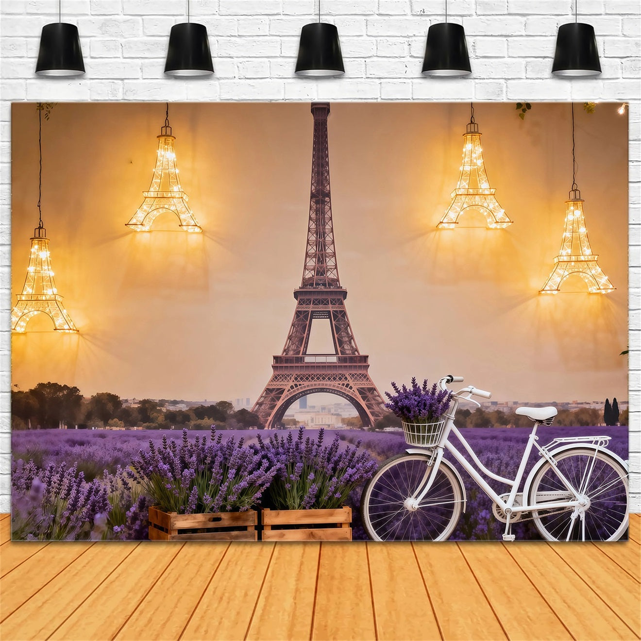 Eiffel Tower Photography Backdrop Lavender Field Bicycle Glow Paris Themed Backdrops RR61-51