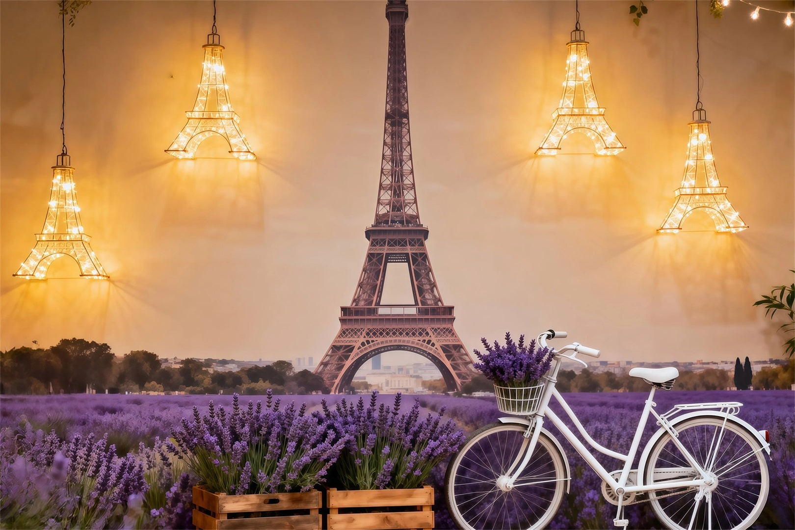 Eiffel Tower Photography Backdrop Lavender Field Bicycle Glow Paris Themed Backdrops RR61-51