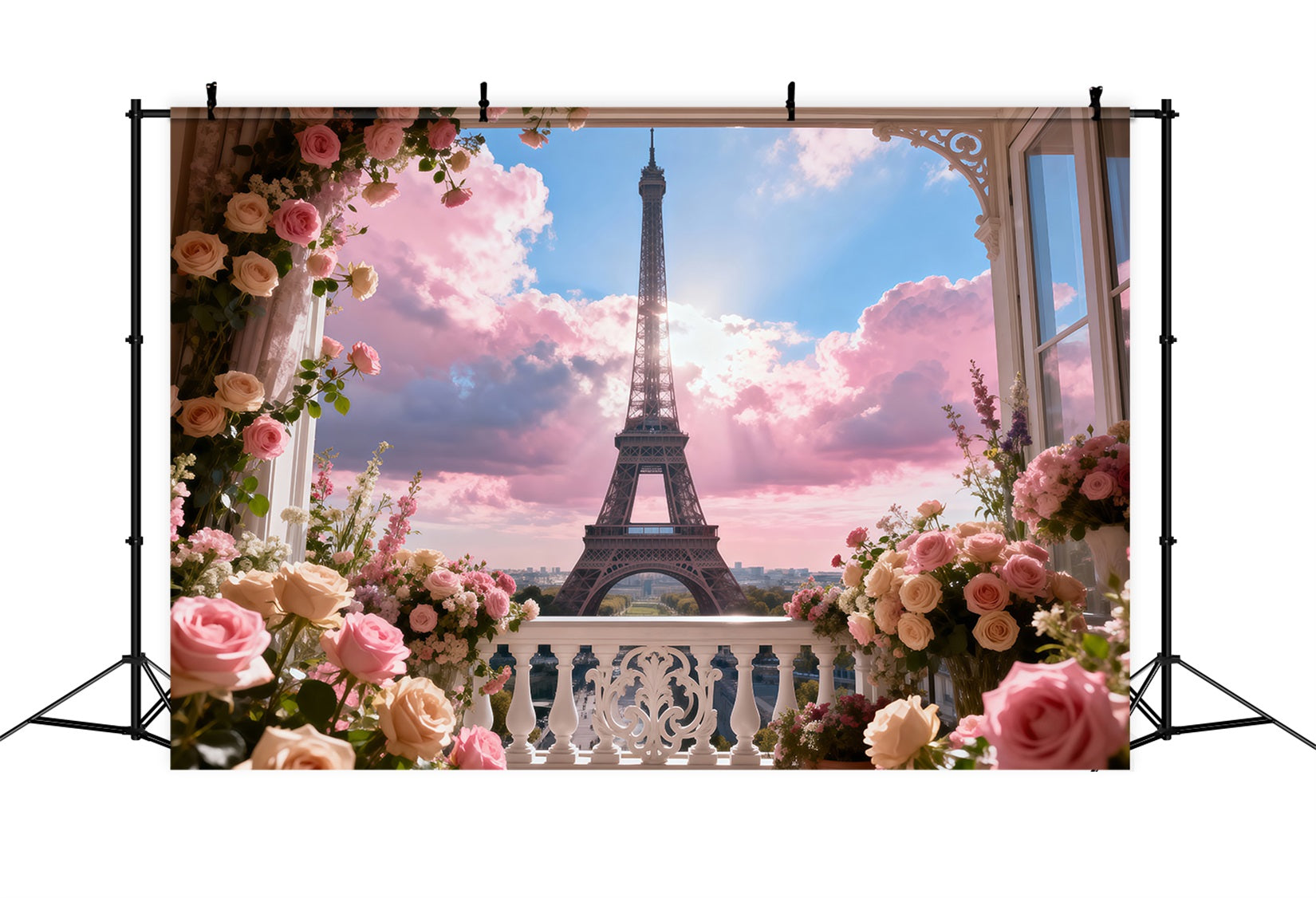 Paris Photo Backdrop Pastel Balcony Garden Sky Eiffel Tower Photography Backdrop RR61-53