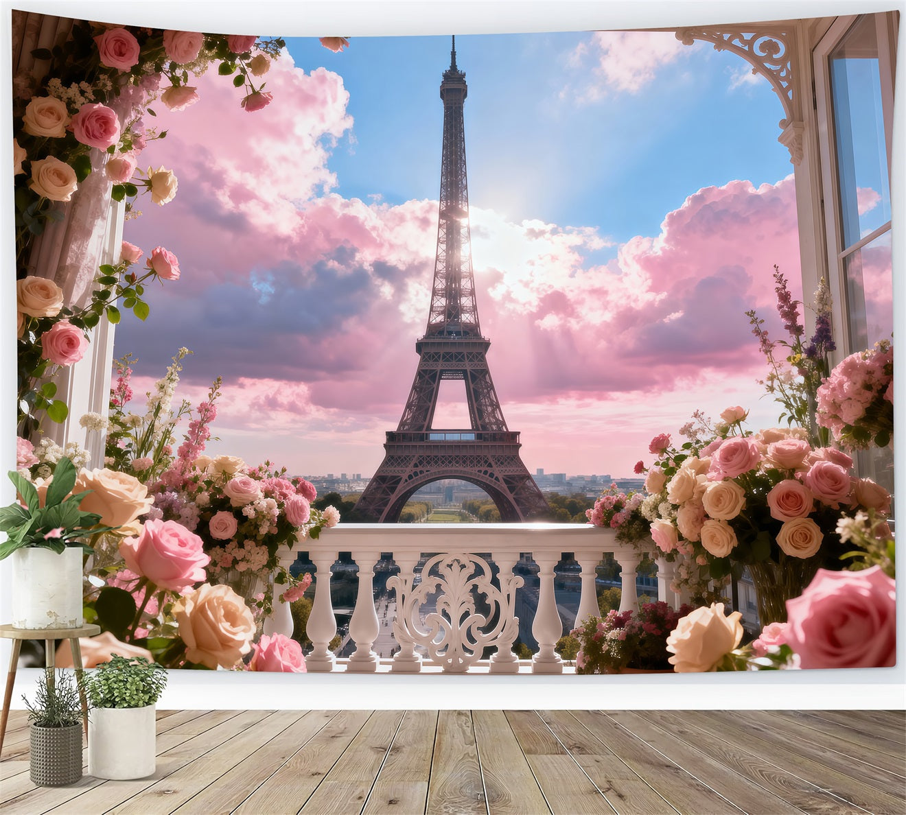 Paris Photo Backdrop Pastel Balcony Garden Sky Eiffel Tower Photography Backdrop RR61-53