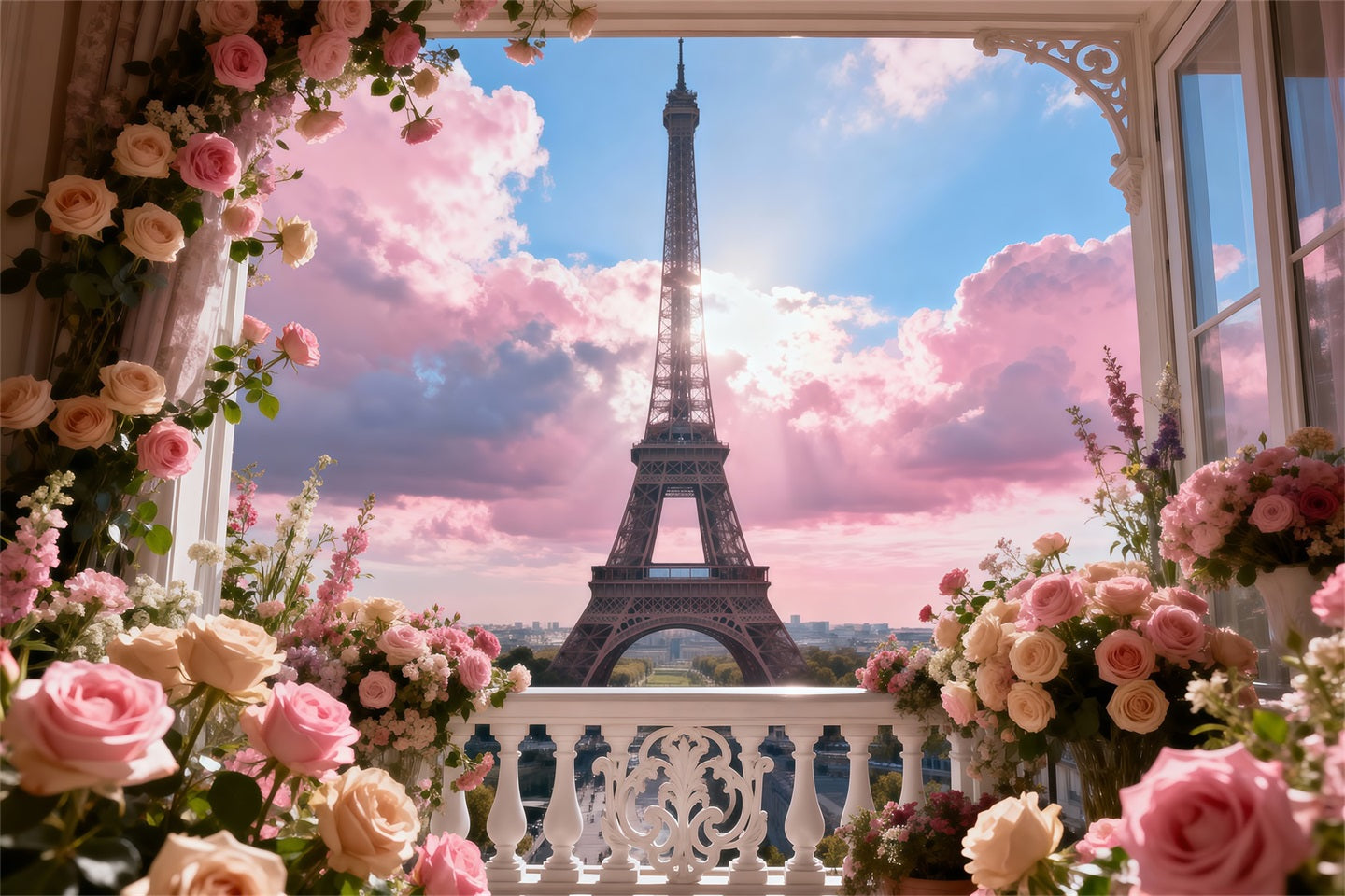 Paris Photo Backdrop Pastel Balcony Garden Sky Eiffel Tower Photography Backdrop RR61-53