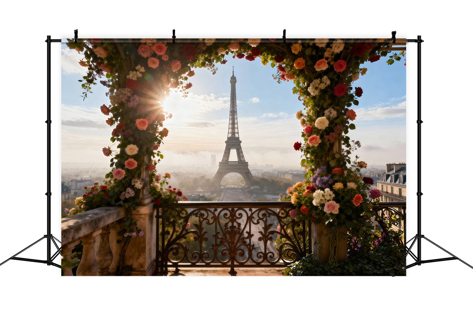 Eiffel Tower Backdrops Sunlit Floral Arch Terrace Paris Photo Booth Backdrop RR61-55