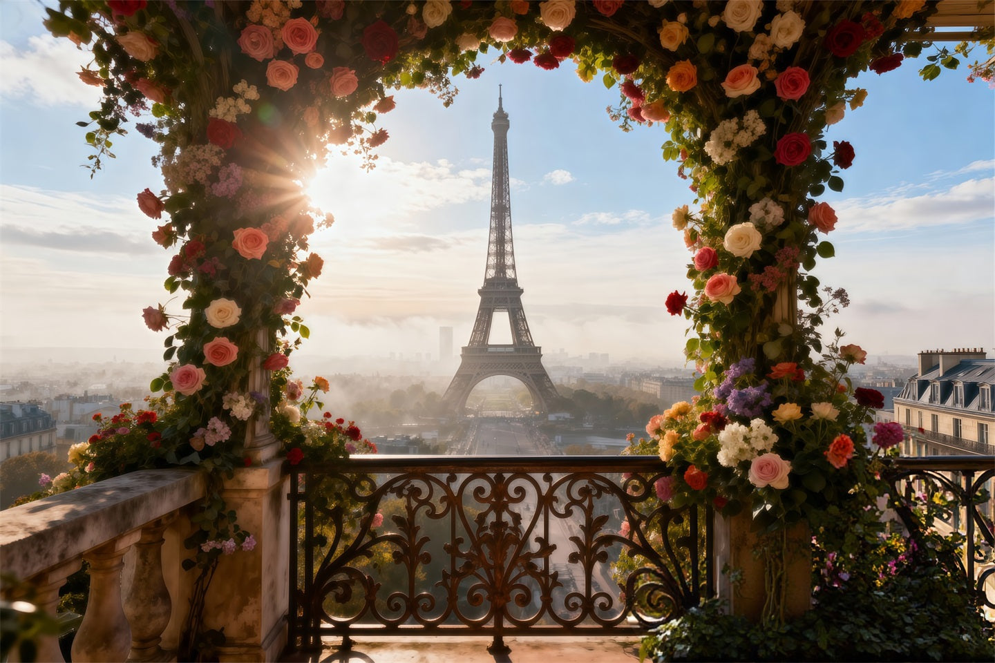 Eiffel Tower Backdrops Sunlit Floral Arch Terrace Paris Photo Booth Backdrop RR61-55