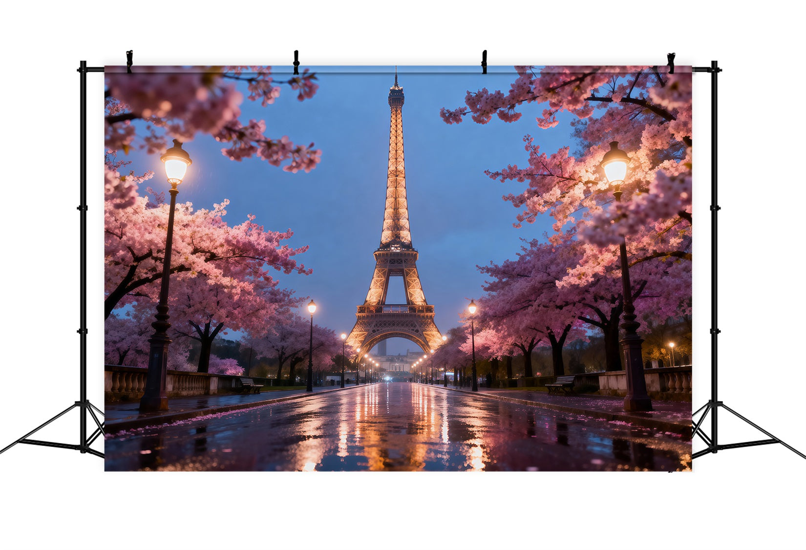 Midnight In Paris Backdrop Cherry Blossom Evening Promenade Eiffel Tower Backdrops RR61-57
