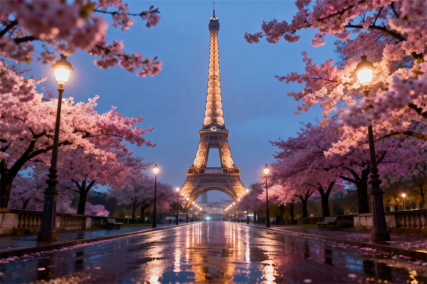 Midnight In Paris Backdrop Cherry Blossom Evening Promenade Eiffel Tower Backdrops RR61-57
