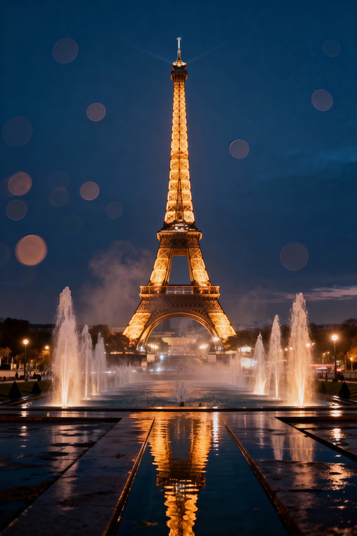 Paris Photo Backdrop Midnight Fountain Golden Reflection Eiffel Tower Backdrops RR61-58