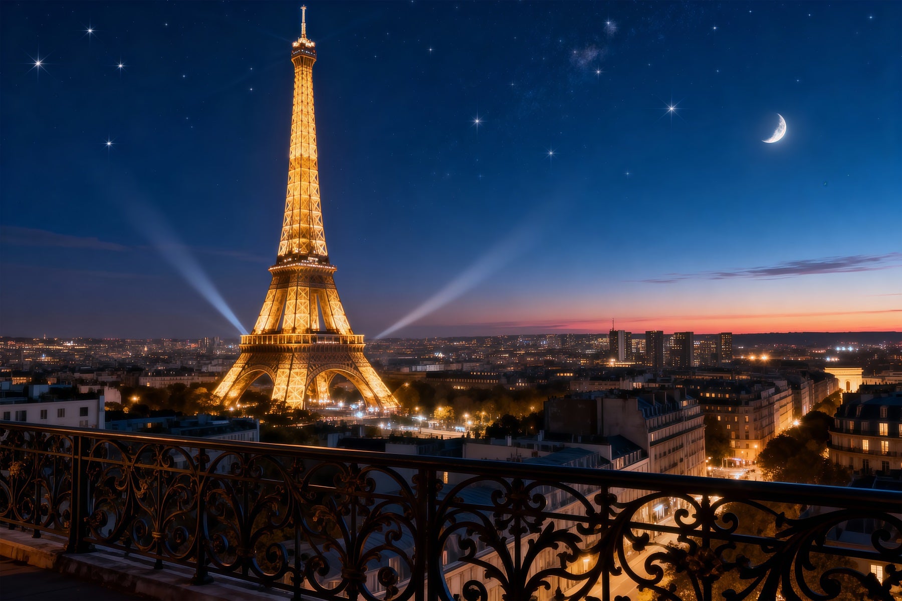 Midnight In Paris Backdrop Starry Skyline Moonlight Glow Eiffel Tower Photo Backdrop RR61-59