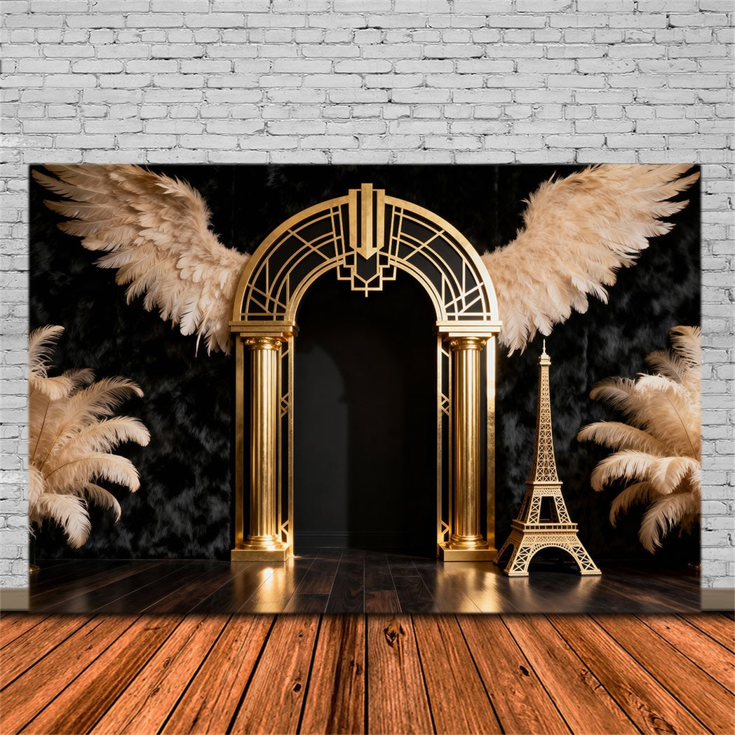 Paris Backdrops Golden Feather Art Arch Eiffel Tower Photography Backdrop RR61-60