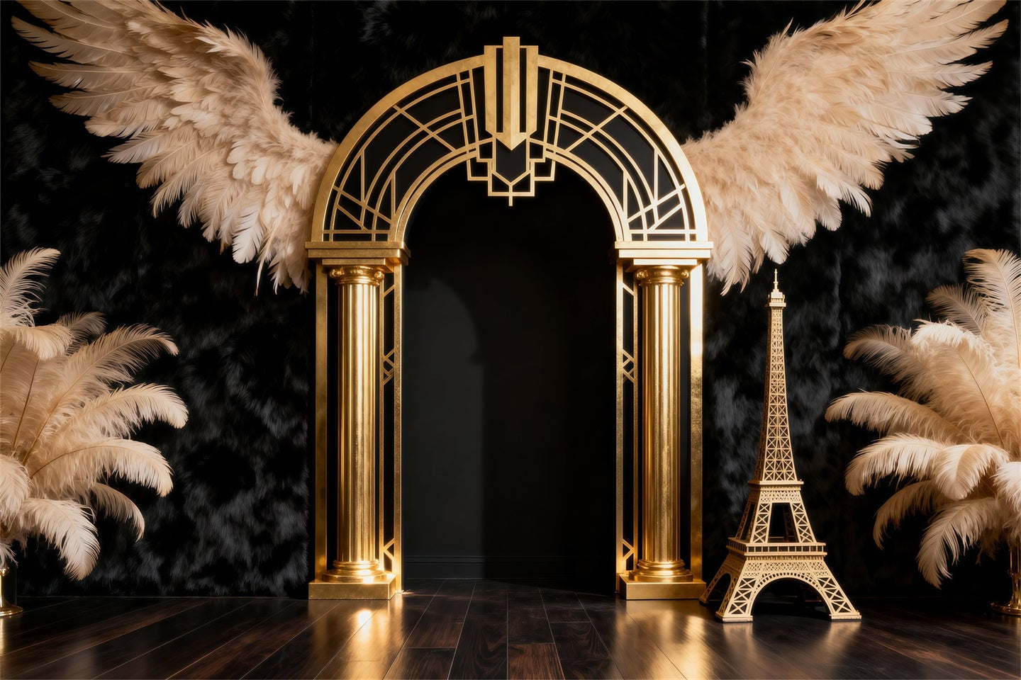 Paris Backdrops Golden Feather Art Arch Eiffel Tower Photography Backdrop RR61-60