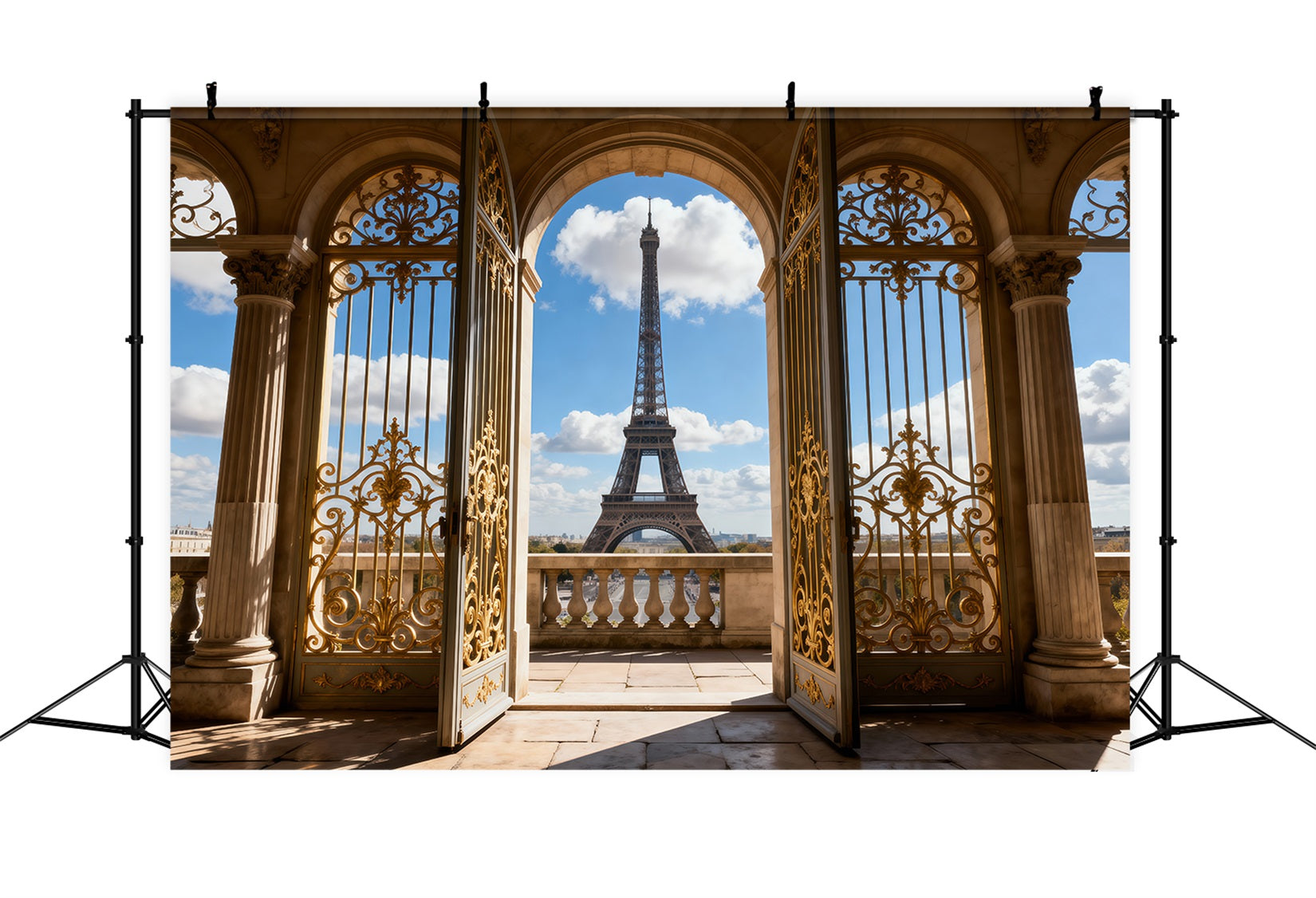 Paris Themed Backdrop Golden Palace Archway Balcony View Eiffel Tower Backdrops RR61-62
