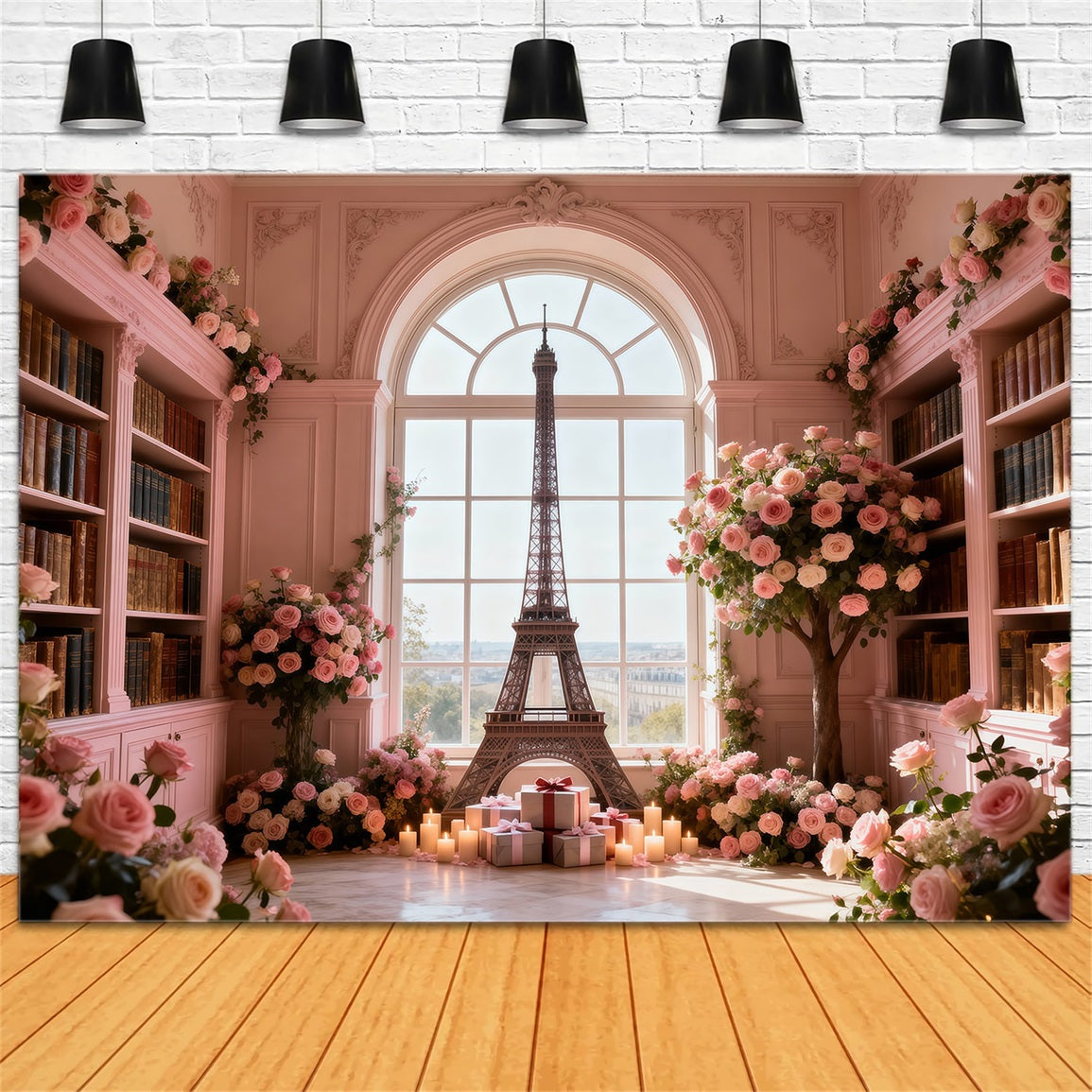Paris Themed Backdrops Rose Library Window Romance Eiffel Tower Backdrops RR61-64
