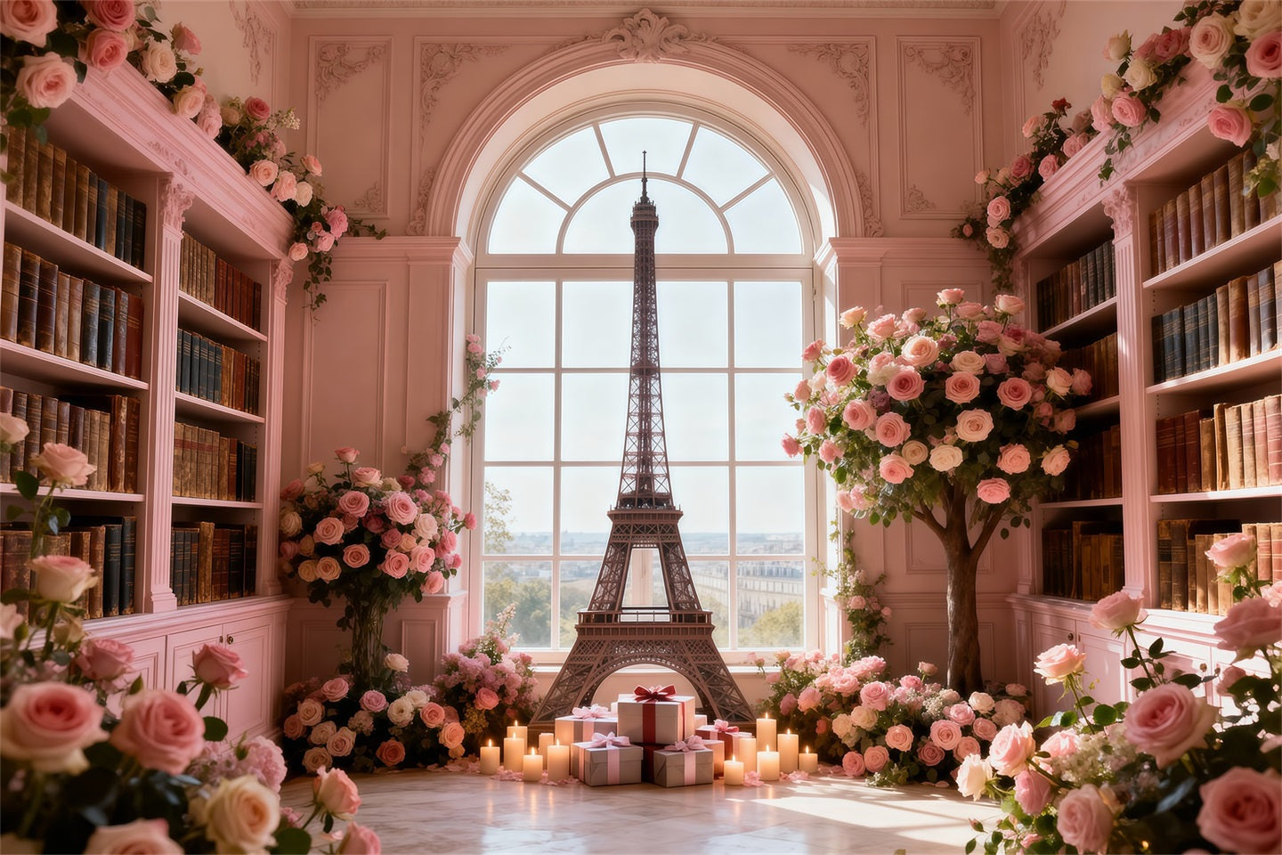 Paris Themed Backdrops Rose Library Window Romance Eiffel Tower Backdrops RR61-64