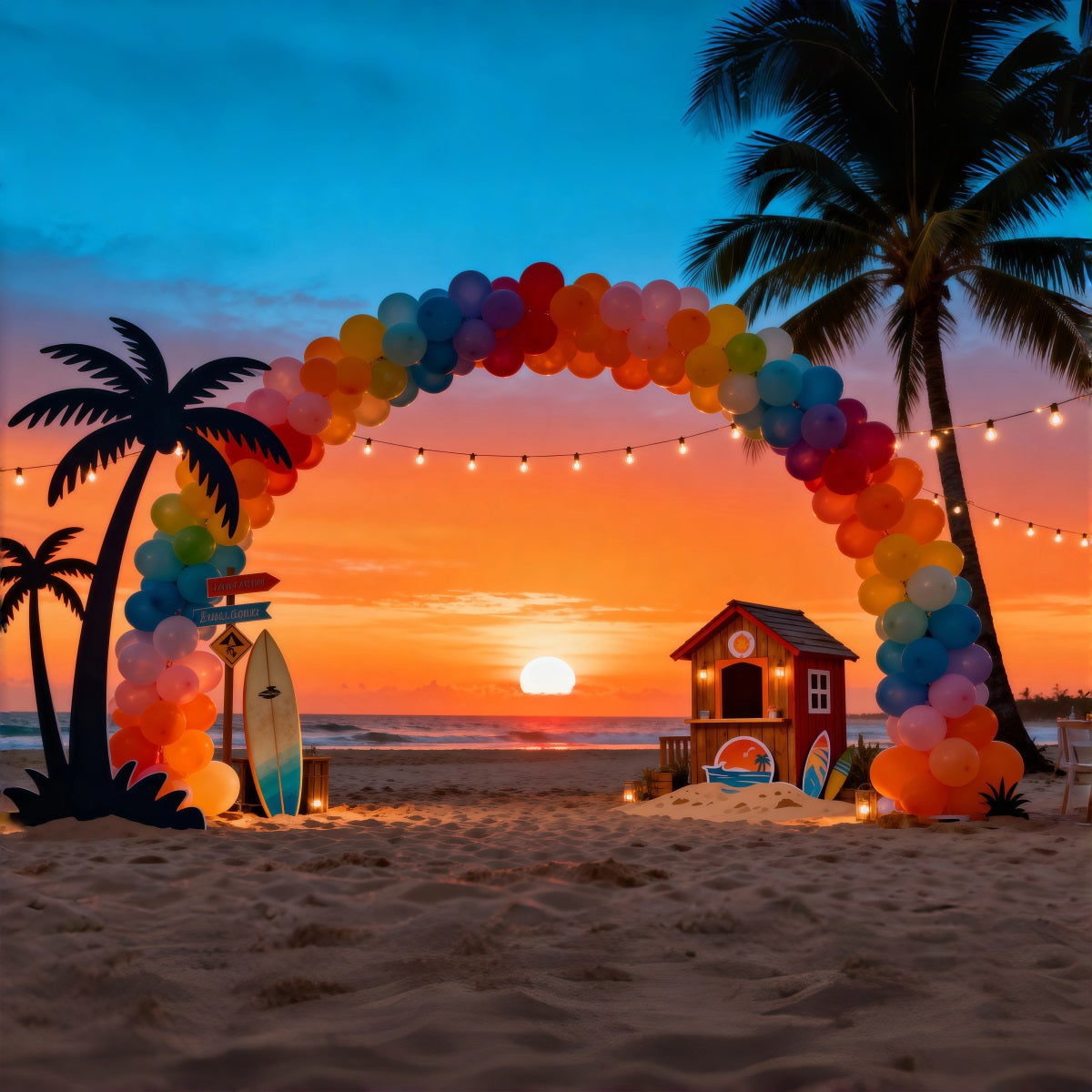 Beach Sunset Backdrop Balloon Arch Palm Trees Summer Theme Backdrop RR61-8