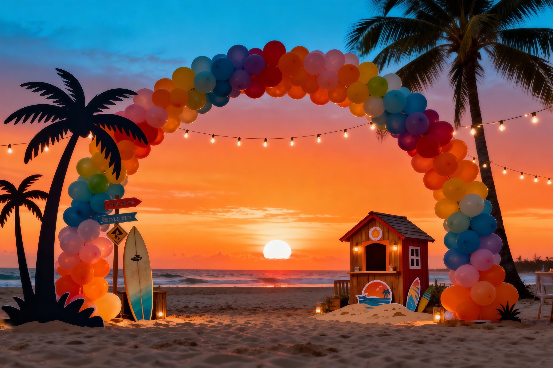 Beach Sunset Backdrop Balloon Arch Palm Trees Summer Theme Backdrop RR61-8