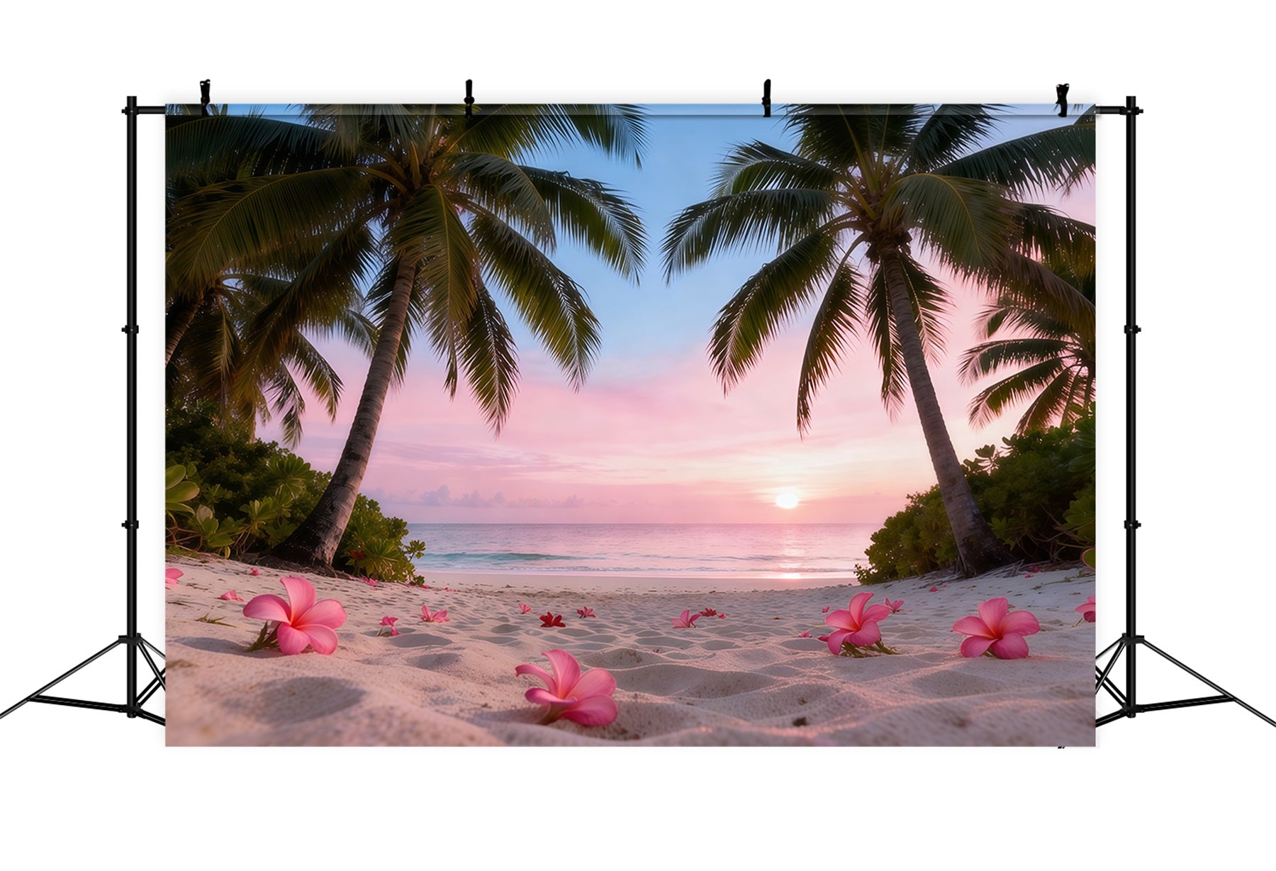 Beach Backdrop For Photography Sunset Plumeria Flowers Summer Photo Backdrop RR61-9