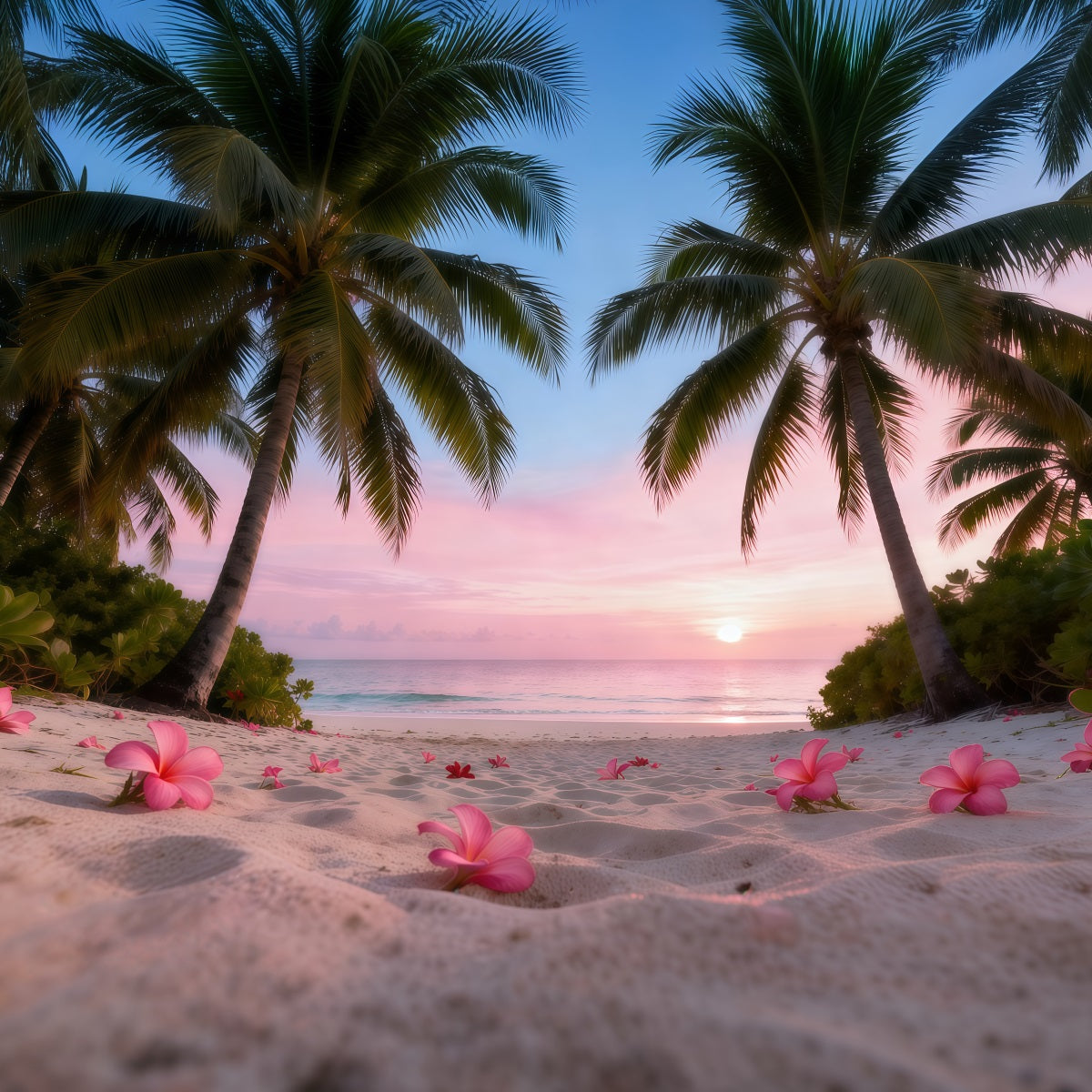 Beach Backdrop For Photography Sunset Plumeria Flowers Summer Photo Backdrop RR61-9