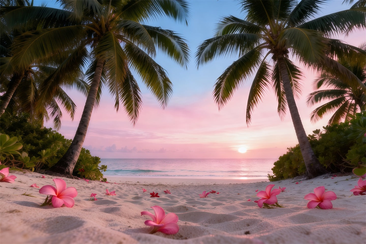 Beach Backdrop For Photography Sunset Plumeria Flowers Summer Photo Backdrop RR61-9