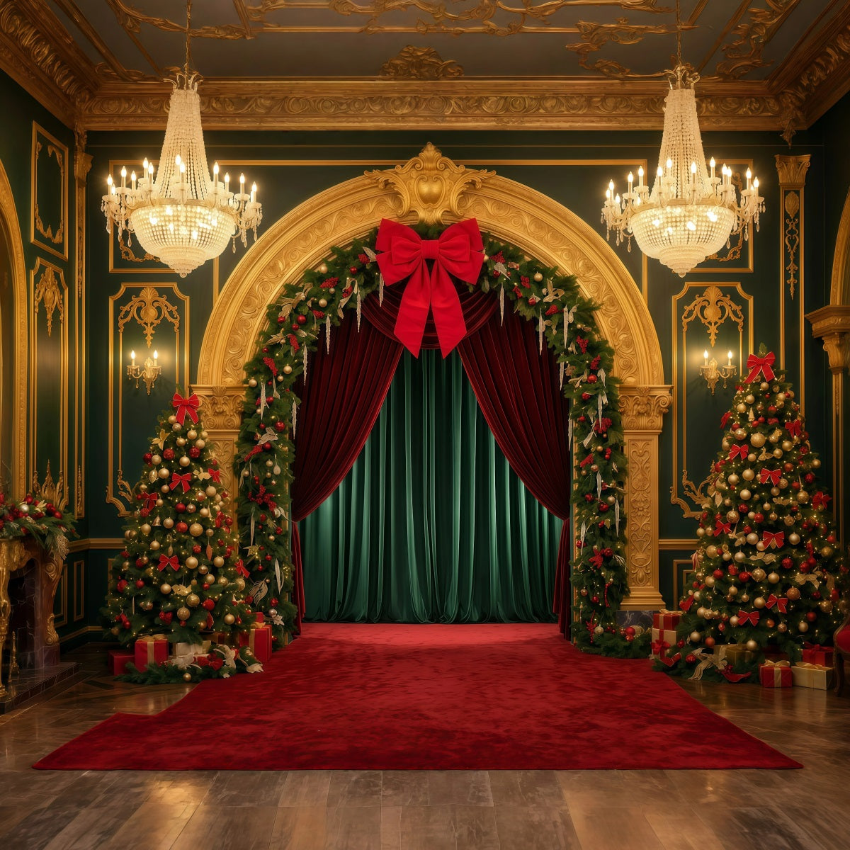 Christmas Stage Backdrops Golden Arch Velvet Entrance Christmas Stage Backdrop RR610-1