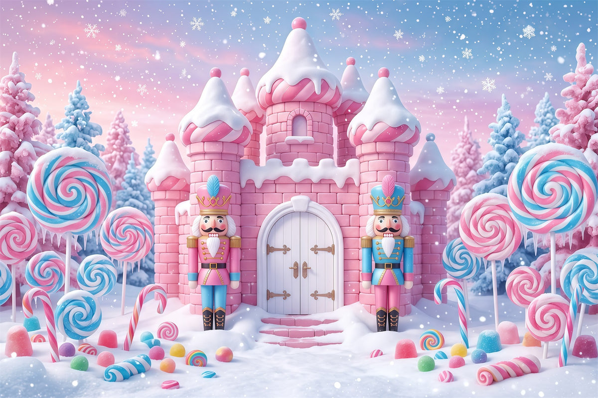Nutcracker Land Of Sweets Backdrop Pink Candy Castle Nutcracker Snow Scene Backdrop RR610-10