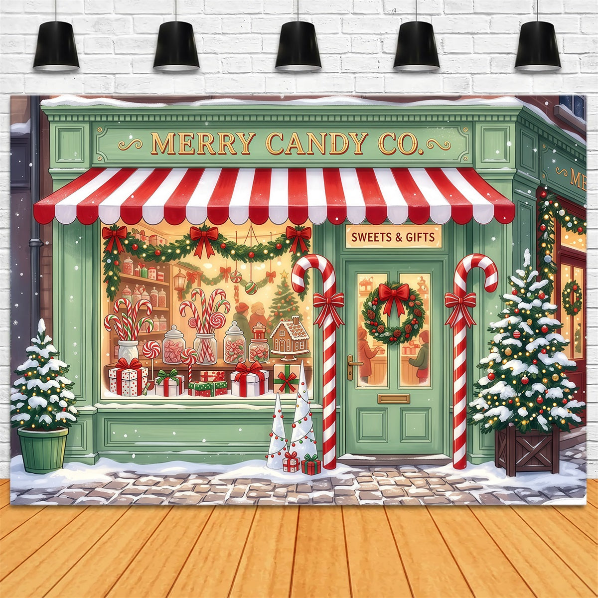 Christmas Candy Cane Backdrop Mint Green Candy Shopfront Merry Christmas Backdrop RR610-100