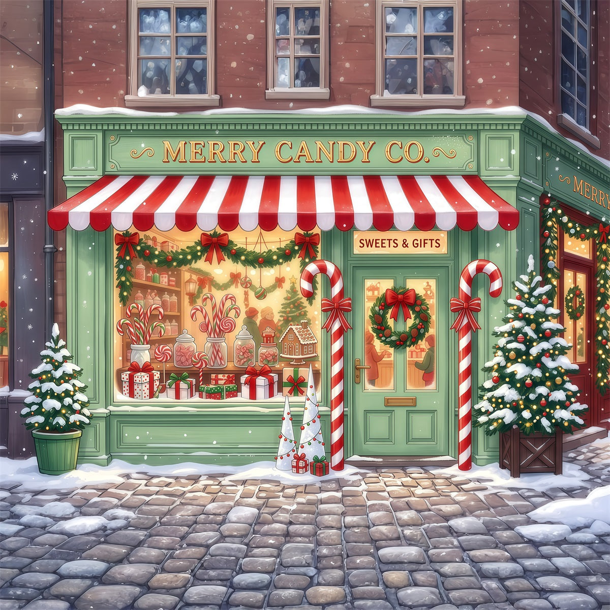 Christmas Candy Cane Backdrop Mint Green Candy Shopfront Merry Christmas Backdrop RR610-100
