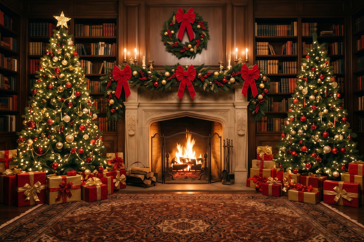 Christmas Backdrops for Photography Ornate Fireplace Library Display Christmas Fireplace Backdrop RR610-101